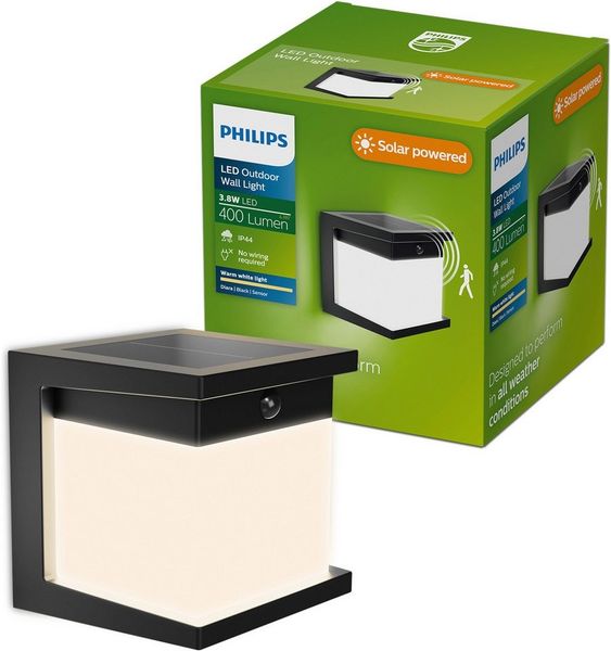 Philips LED Außen-Wandleuchte Outdoor Solar Diara, Abschaltautomatik, Bewegungsmelder, Tageslichtsensor, LED fest integriert, Warmweiß, Tageslicht- und Bewegungssensor,2700 Kelvin, 400 Lumen, schwarz