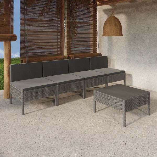 vidaXL 5-tlg. Garten-Lounge-Set mit Auflagen Poly Rattan Grau 3094326