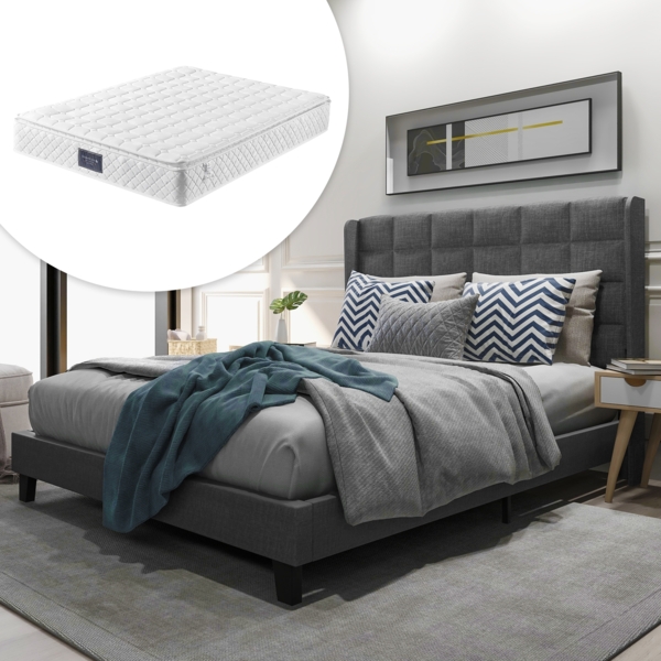 Polsterbett 140x200 cm mit Lattenrost und Federkernmatratze – Leinen in Grau, hoher Komfort
