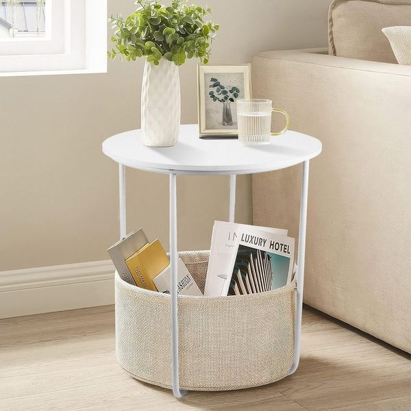 BlingBin Beistelltisch Rund, Kleiner Tisch, Couchtisch klein Wohnzimmertisch, Korb aus Stoff (1 Stück, 1-St, 45*45*50cm), Kleiner Nachttisch für Wohnzimmer und Schlafzimmer,Weiß