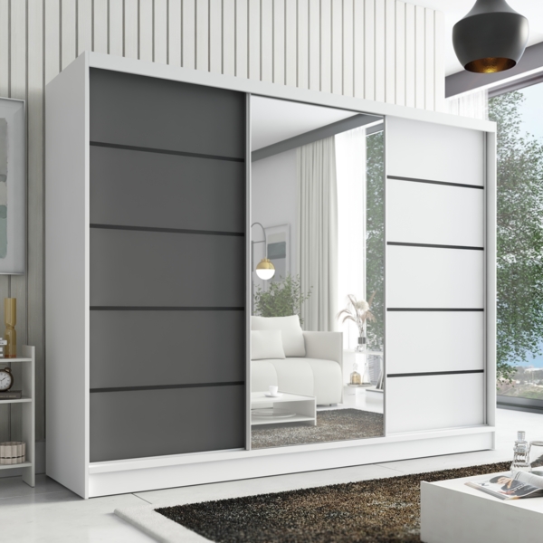 Schwebetürenschrank AVIRA 2 3-türig Schrank 200 cm (mit Spiegel) Farbe: Weiß , Graphit