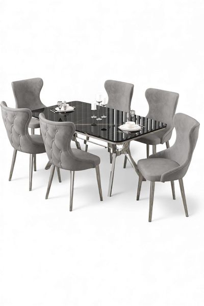Modernes, ausziehbares Esszimmer-Set (7-teilig) – Schwarzer Marmor & Chrom, 100% lackierte Oberfläche, stilvoll & langlebig