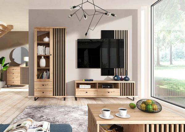 Beautysofa Eckkommode CAYA C‑12, 3 Türen, 2 Innenböden, Artisan Eiche/Schwarz, Soft-Close, optional Metallfüße, Stauraumlösung