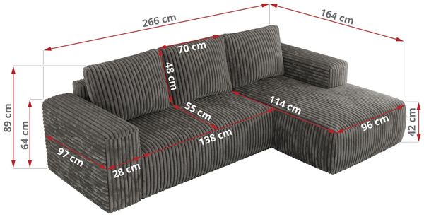 Ecksofa mit Schlaffunktion, Bettkasten und losen Kissen für das Wohnzimmer - TRENTINO - Dunkelgrau Cord - rechts Bild 7
