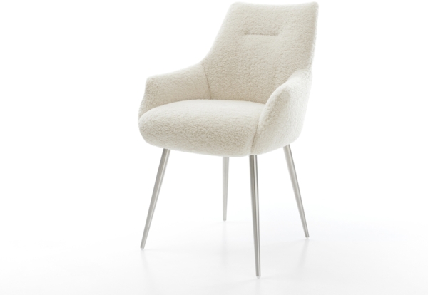 Esszimmerstuhl Alja-Flex mit Armlehnen Teddystoff Beige 4-Fuß konisch Edelstahl Taschenfederkern