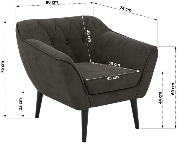 Polstersessel PIRS 1 skandinavischer Design 1-Sitzer, Sessel mit Wellenfederung, schwarze Füße, Einzelsessel, Hoher Sitzkomfort - Dunkelgrau Velvet Bild 5