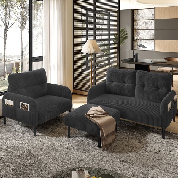 Sofa-Set 3-teilig 79×187×75 cm mit 2-Sitzer, Sessel und Hocker – Cord in Grau, flexibel kombinierbar