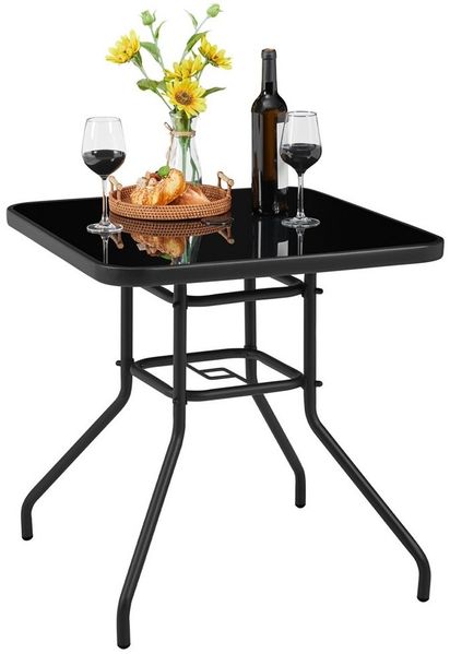 Yaheetech Gartentisch mit Schirmloch aus Gehärtetem Glas & Pulverbeschichtetem Metall, Quadratischer Beistelltisch für Garten 70 cm L × 70 cm B × 73,5 cm H