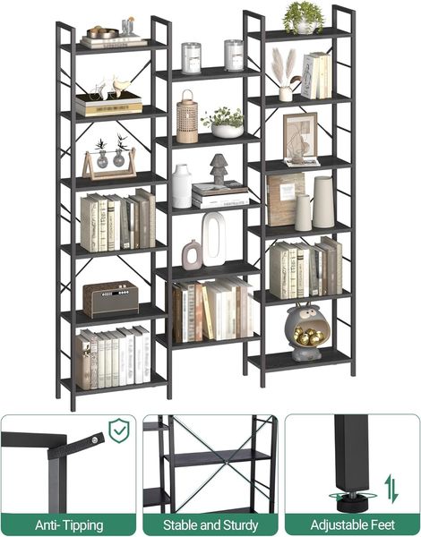 Bücherregale, Standregale, Regal mit 17 Fachböden, 6 Etagen, Verstellbarer Abstand, 24 x 152 x 186 cm, Tragfähigkeit 340 kg, Wohnzimmer, Büro, Schwarz mit Holzmaserung Bild 4