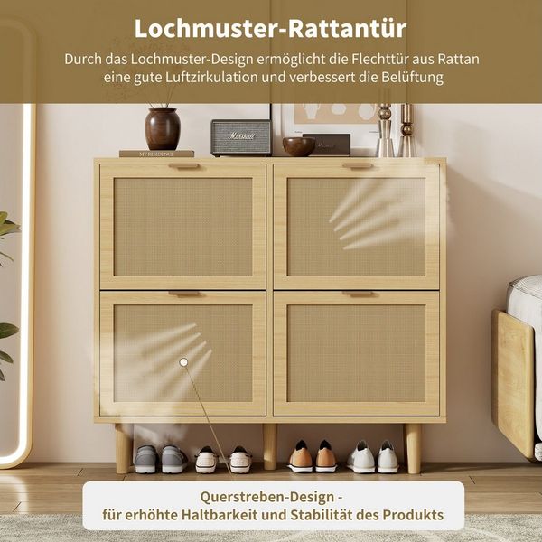 i@home Schuhschrank mit 4 Klappschubladen, Schuhkommode aus Rattan mit Metallgriffen Schuhregal für Flur, Schlafzimmer, Wohnung, 100 x 25 x 90 cm