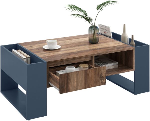 Couchtisch aus Spanplatte mit Schublade & Stauraum, 111x60x40 cm, Holzoptik/Schwarz-Grau Bild 6