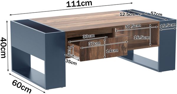 Couchtisch aus Spanplatte mit Schublade & Stauraum, 111x60x40 cm, Holzoptik/Schwarz-Grau Bild 4