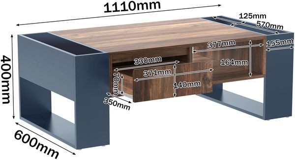 Couchtisch aus Spanplatte mit Schublade & Stauraum, 111x60x40 cm, Holzoptik/Schwarz-Grau Bild 8