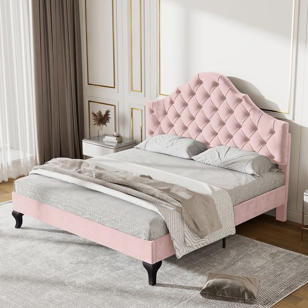 Polsterbett 140x200 cm mit höhenverstellbarem Kopfteil, Lattenrost, Samt rosa, ohne Matratze