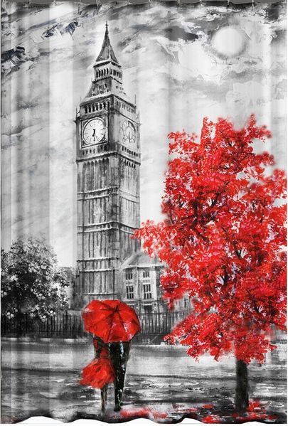 Ekershop Duschvorhang Textil Digitaldruck LONDON BIG BEN Rot Schwarz für Duschstange Breite 120 cm (Inkl. Ringe), Höhe 200 cm, wasserabweisend, waschbar, bügelbar