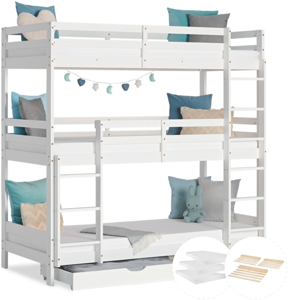 Etagenbett mit Matratzen 90x200 cm Kinderbett Dreifachbett Hochbett Bettkasten Weiß Holz Stockbett