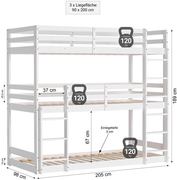 Etagenbett mit Matratzen 90x200 cm Kinderbett Dreifachbett Hochbett Weiß Holz Stockbett Bild 3