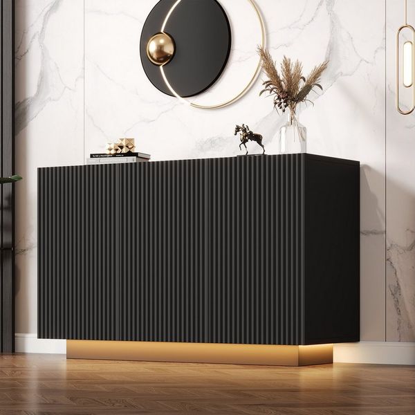 Merax Sideboard in Schwarz-Marmoroptik (1 St, Buffetschrank mit Push-to-Open-Funktion), Kommode mit LED & Bluetooth, Anrichte mit 3 Türen & Stauraum, B:120cm