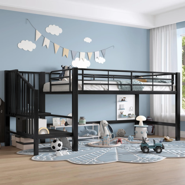 Hochbett mit Lattenrost, Treppe und Rausfallschutz, 90x200cm, Kinderbett, Metallbett, Einzelbett, Jugendbett