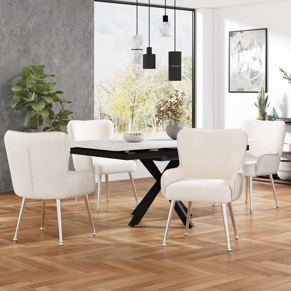 Stuhl 6er-Set, Samt, Beige, gepolstert mit Armlehnen und verstellbaren Metallfüßen