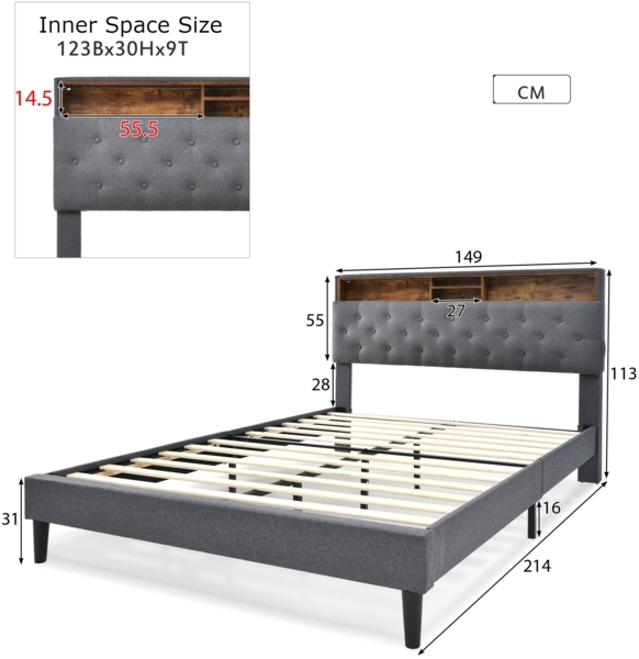 Merax LED Doppelbett 140x200 Polsterbett aus Leinen mit Stauraum-Kopfteil & Lattenrost aus Holz Grau Bild 2