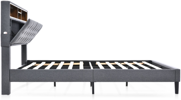 Merax LED Doppelbett 140x200 Polsterbett aus Leinen mit Stauraum-Kopfteil & Lattenrost aus Holz Grau Bild 8
