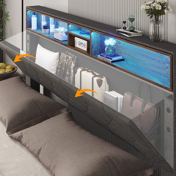 Merax LED Doppelbett 140x200 Polsterbett aus Leinen mit Stauraum-Kopfteil & Lattenrost aus Holz Grau Bild 3