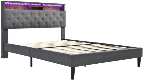 Merax LED Doppelbett 140x200 Polsterbett aus Leinen mit Stauraum-Kopfteil & Lattenrost aus Holz Grau