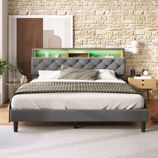 Merax LED Doppelbett 140x200 Polsterbett aus Leinen mit Stauraum-Kopfteil & Lattenrost aus Holz Grau Bild 4