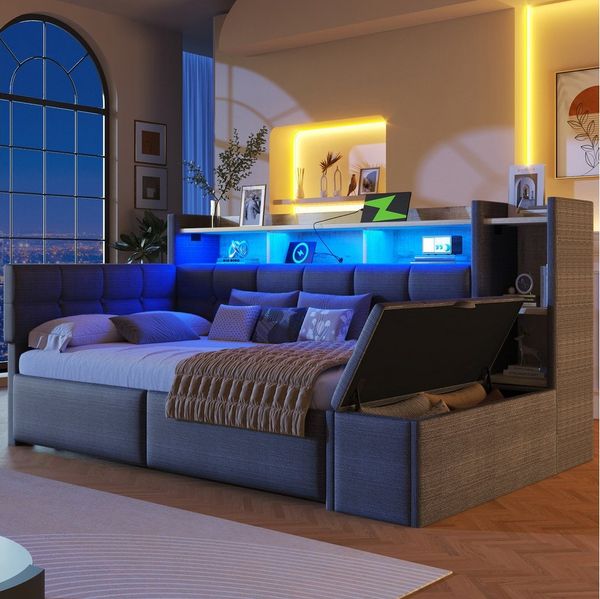 Merax Daybett mit LED Lichtleiste, USB & Typ-C, Samt (Schlafsofa Sofabett Jugendbett Kinderbett, 1 tlg)