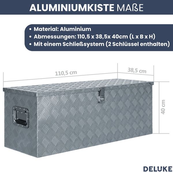 Aluminiumbox mit Deckel - Abschließbar | Alubox Deichselbox Alu Anhängerbox Werkzeugkiste Metall Transportbox Metallkiste, 110,5x38,5x40cm Silber Bild 3