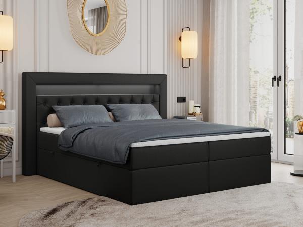 Boxspringbett - Doppelbett mit Multipocket-Matratze und LED - GOLD-6 - 160x200cm - Schwarz Kunstleder - H3