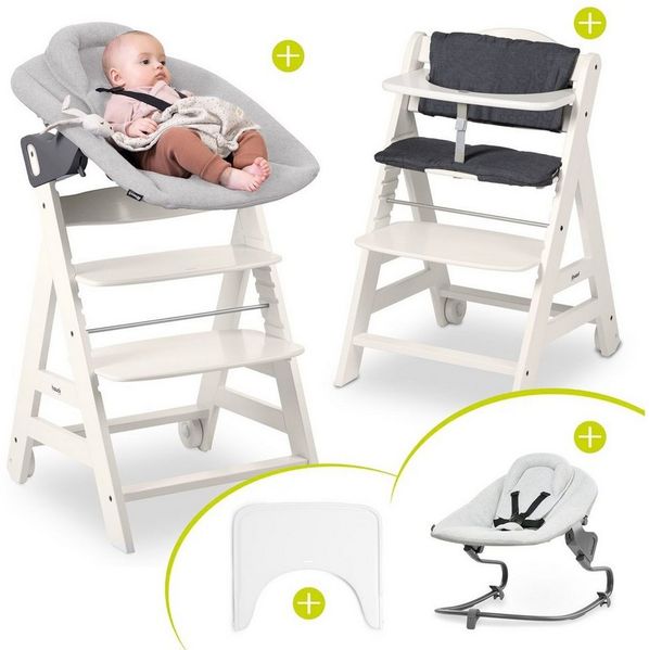 Hauck Hochstuhl Beta Plus White - Newborn Set Premium, Babystuhl ab Geburt mit Neugeborenen Aufsatz, Sitzpolster & Essbrett