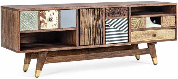 TV-Board aus Mangoholz, klassisches Design, naturfarben, 140 cm, goldene Akzente, Bizzotto