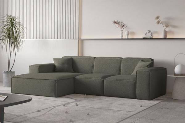 Ecksofa Designersofa CELES PREMIUM Stoff Ascot Bukla Moosgrün Ottomane Links