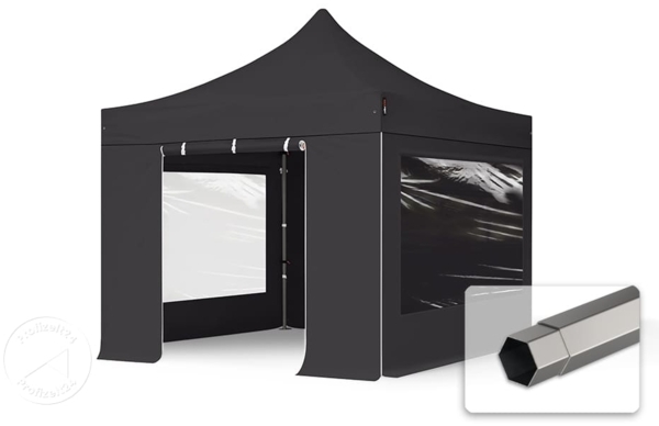 3x3 m Faltpavillon, PREMIUM Stahl 40mm, feuersicher, Seitenteile mit Panoramafenstern, schwarz