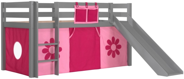 Kinderbett mit Rutsche Karolina Massivholz Grau Textilset Flower