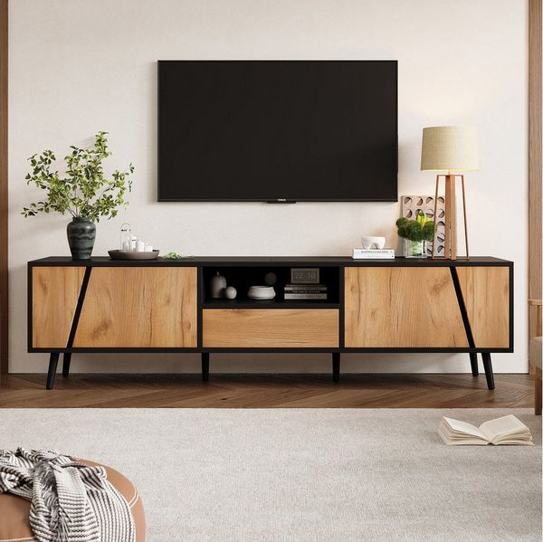 KLAM HOME Lowboard TV-Schrank mit Schubladen und 2 Schränken, 180*40*46cm (Moderne minimalistische TV-Konsole mit 6 Stützbeinen aus Massivholz), Passend für 75-Zoll-Wohnzimmerschränke