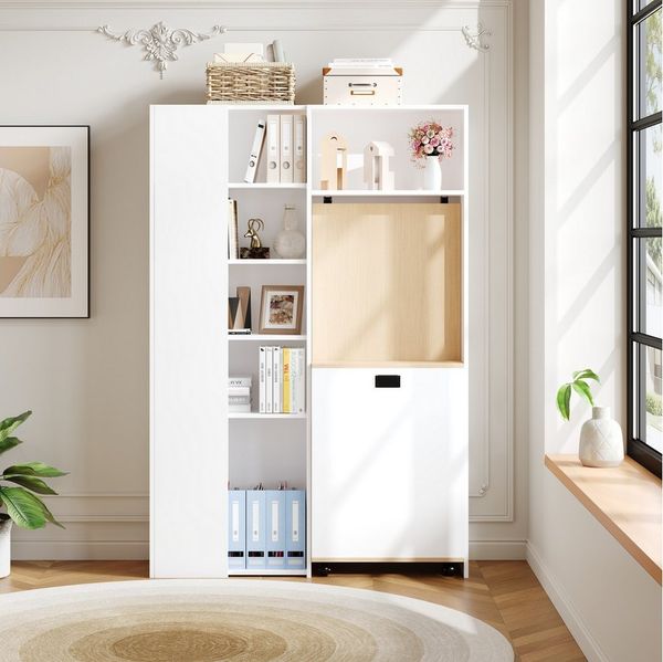 Merax Schreibtisch Klappbarer Schreibtisch mit Regal, 2-in-1 Bücherregal & Computertisch (Set, 1-St, mit Steckdose, USB, Höhenverstellbare Ablagen), 104,5×30,5×160 cm, Weiß