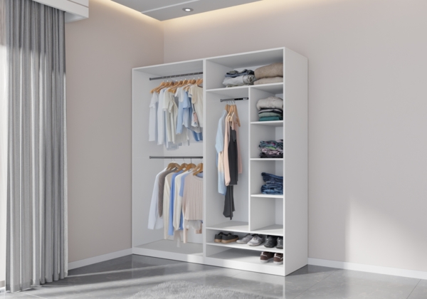 Marmex Möbel TRES SET A(B) offener Schrankset für Kleidung, Schuhe, Kleiderschrank mit Einlegeböden und Kleiderstangen, laminierte Spanplatte, weiß, 190x206x51 cm