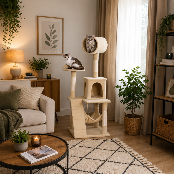 belviona Katzenkratzbaum, Kletterbaum für Katzen mit Höhle, Hängematte, Treppe & Liegeplattform, 133 cm, beige
