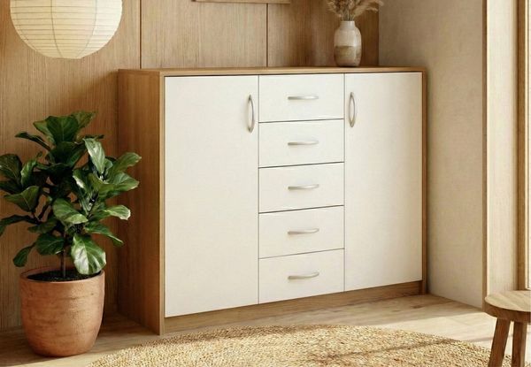 Home Collective Kommode mit 5 Schubladen und 2 Türen in matter Ausführung, Kommode 110cm breit (mit hochwertigen Polymergriffen, aus laminierter Platte gefertigt, Metallrollen mit Auszugsstopp), Schrank Sideboard Highboard Kommode mit Schubladen Sonoma...