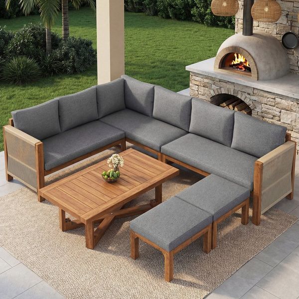 HAUSS SPOLE Gartenlounge-Set 6-Sitzer Ecksofa mit Kissen,Gartenmöbel mit Akazienholztisch & Hockern, (Outdoor Sitzgruppe mit Komfortable Kissen, mit Seitenverlegte Seilgestänge), für Terrasse Balkon oder Garten