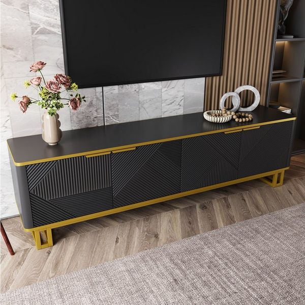 Merax Lowboard in Weiß und Gold, TV-Board mit vier Türen und Stauraum (1 St, 160 x 37,5 x 48 cm), TV-Schrank mit geometrischer 3D-Front, Kabelmanagement, Metallrahmen