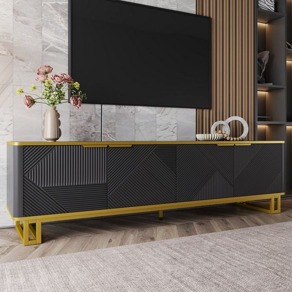 Merax Lowboard in Weiß und Gold, TV-Board mit vier Türen und Stauraum (1 St, 160 x 37,5 x 48 cm), TV-Schrank mit geometrischer 3D-Front, Kabelmanagement, Metallrahmen