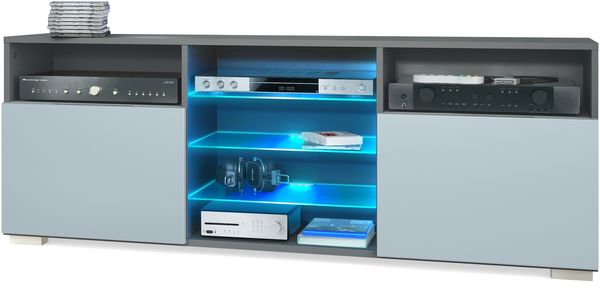 TV-Board Granada, Lowboard mit 2 Türen und 6 offenen Fächern, Korpus Anthrazit matt, Fronten in Denim matt mit RGB LED-Beleuchtung (146 x 54 x 35 cm)