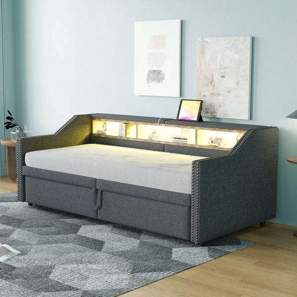 HAUSS SPOLE Schlafsofa 90/180x200 Multifunktionales Staufach, LED-Licht, USB-Buchse Grau, Polsterbett 90/180x200 cm, ausziehbarem Bettgestell – Platzsparendes Gästebett