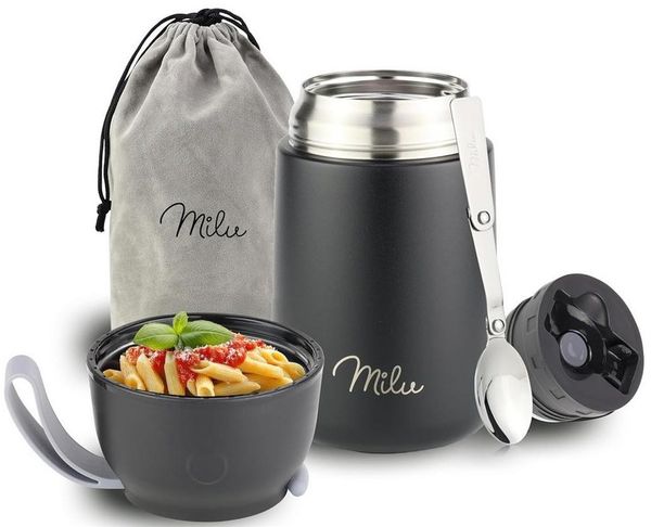 Milu® Thermobehälter für Essen 650ml, Edelstahl Warmhaltebehälter mit Löffel, Thermobecher Essen, Thermo Lunchbox für Kinder, Erwachsene, Thermobox Suppen, Babybrei, Speisebehälter Schwarz, 650ml