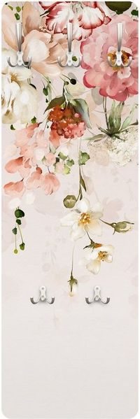 Bilderdepot24 Garderobenpaneel pastell Aquarell Blumen Floral Kunst Rankende Blumen Aquarell Vintage (ausgefallenes Flur Wandpaneel mit Garderobenhaken Kleiderhaken hängend), moderne Wandgarderobe - Flurgarderobe im schmalen Hakenpaneel Design