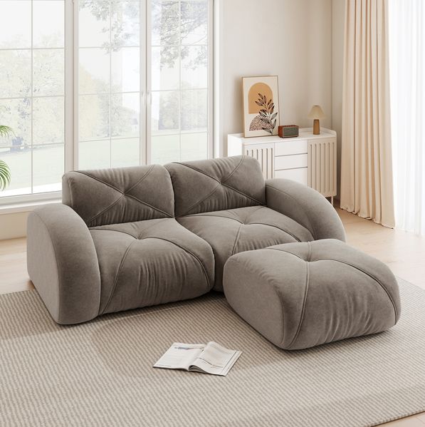 2-Sitzer-Sofa 76cm×204cm×171cm mit Hocker – modulares Wohnzimmersofa aus Chenille in Taupe